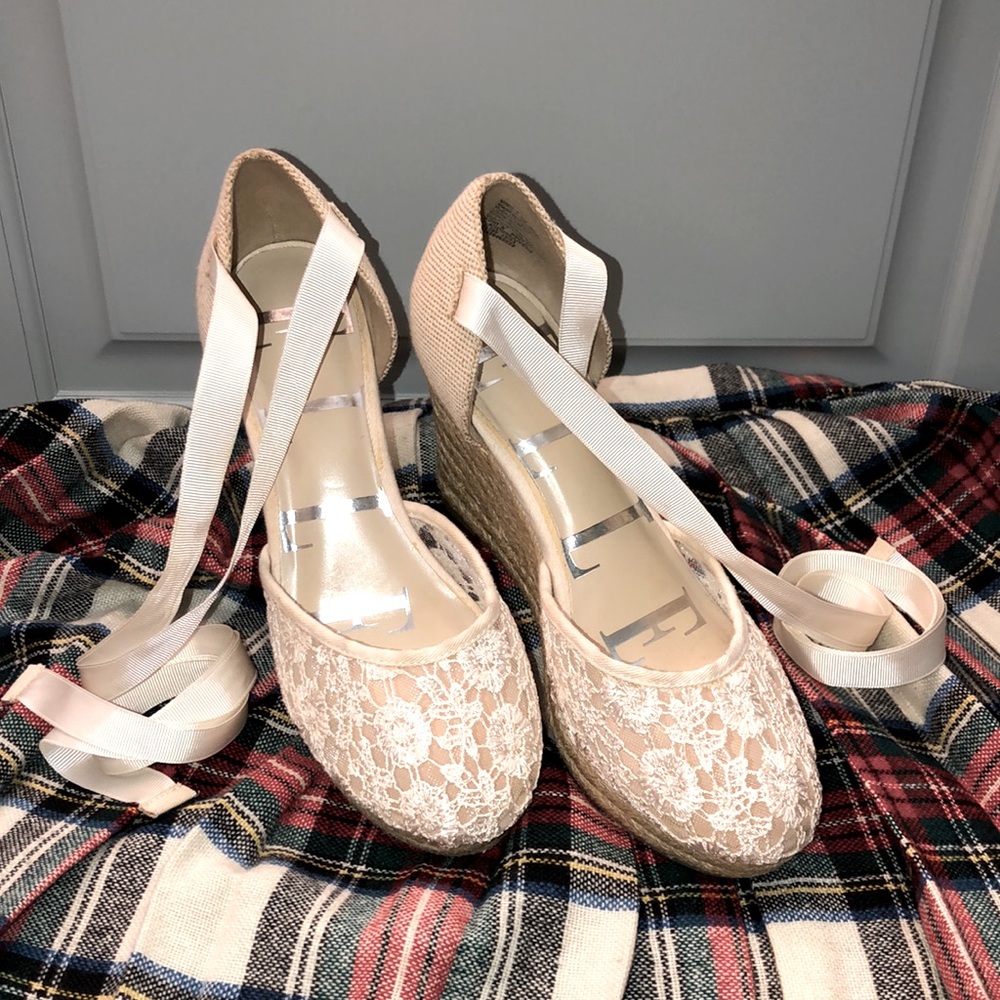 Elle Ivory Wedge Espadrilles -ankle tie ribbons